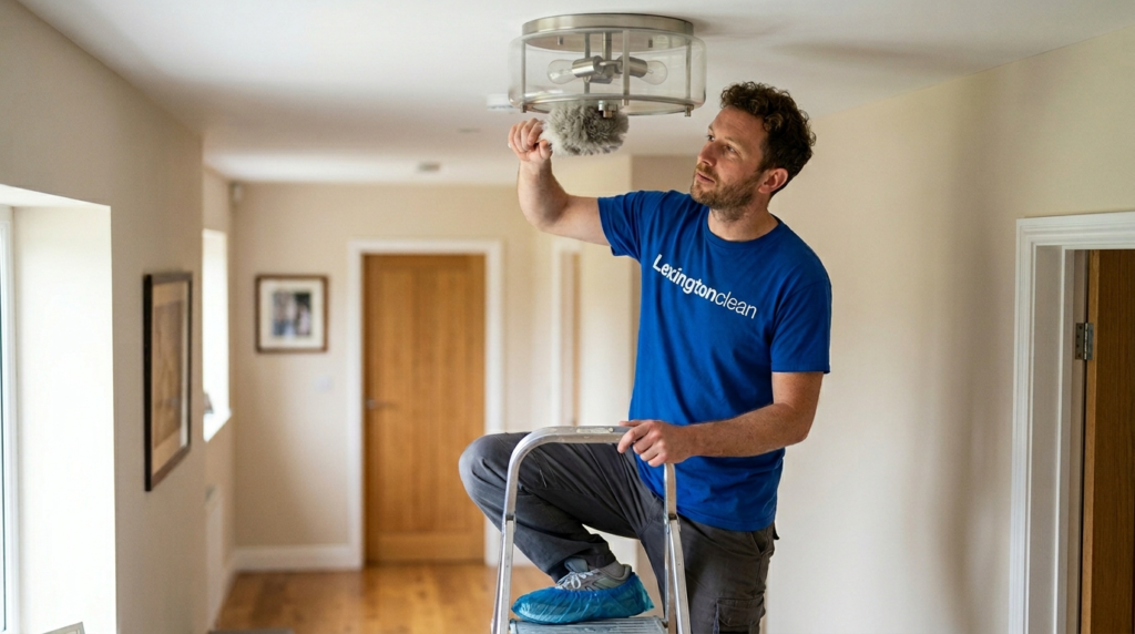 man dusting light fixture 202605201958