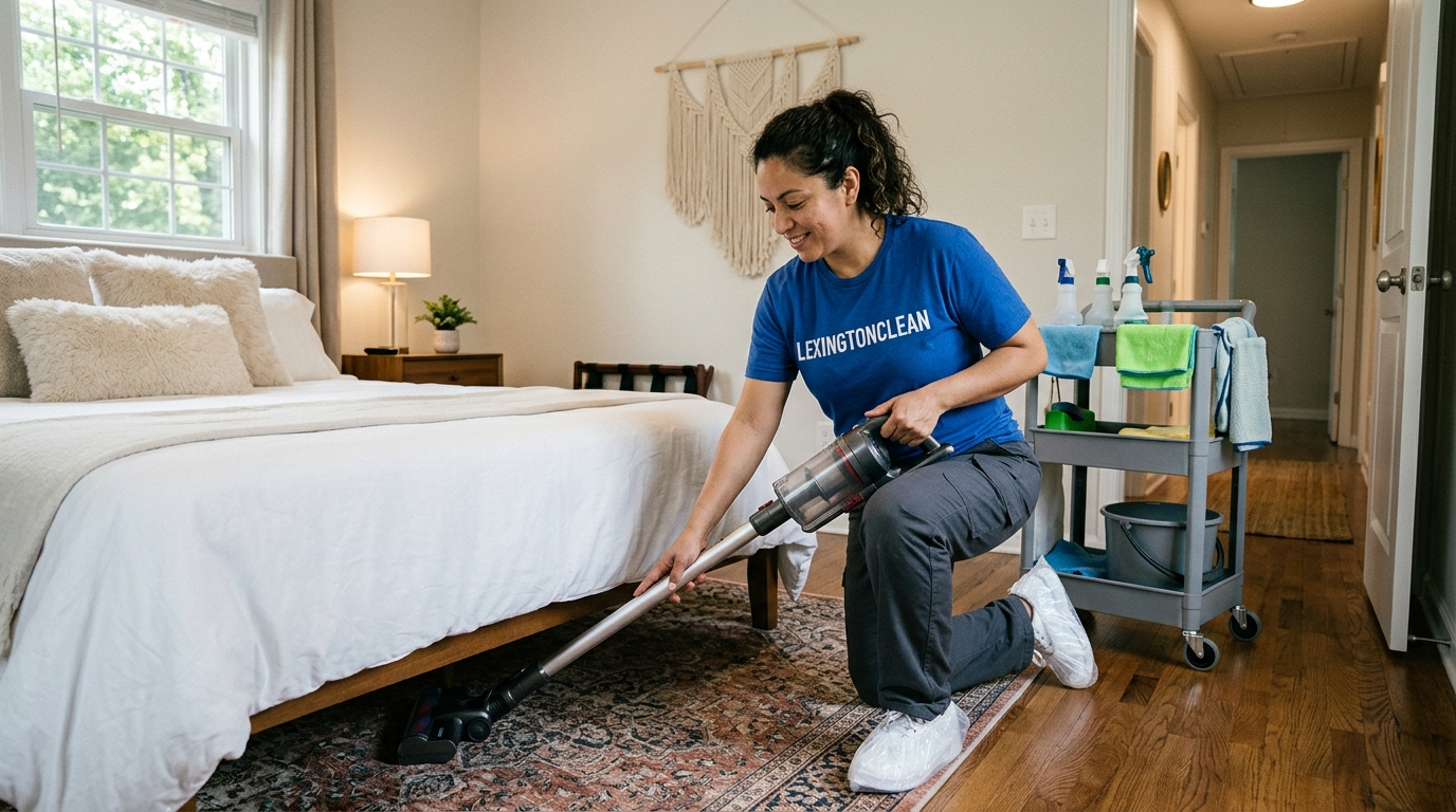 woman cleaning airbnb bedroom 202606242328