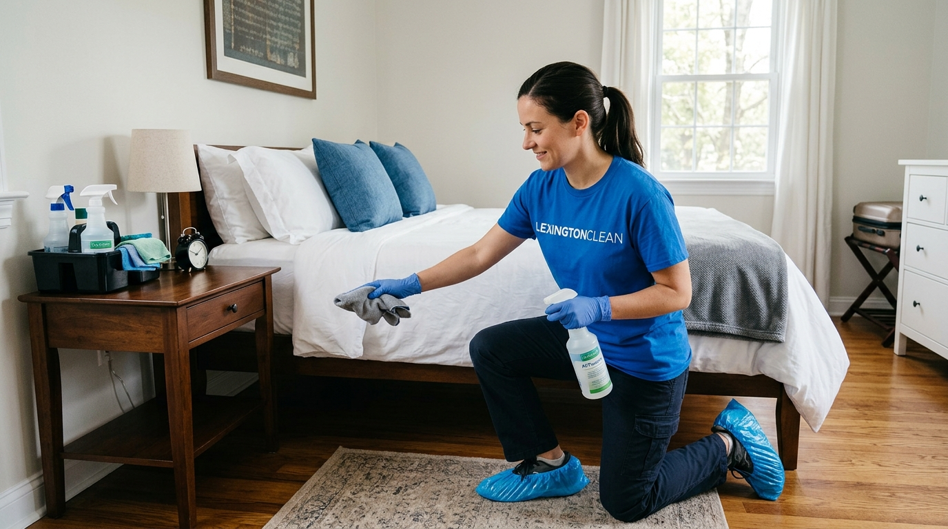 woman cleaning airbnb bedroom 202606242329