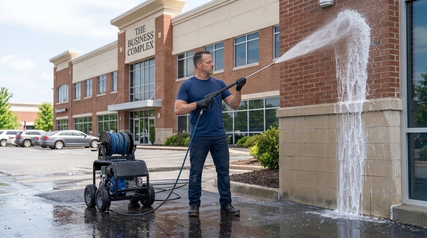 man pressure washing parking lot 202608251948